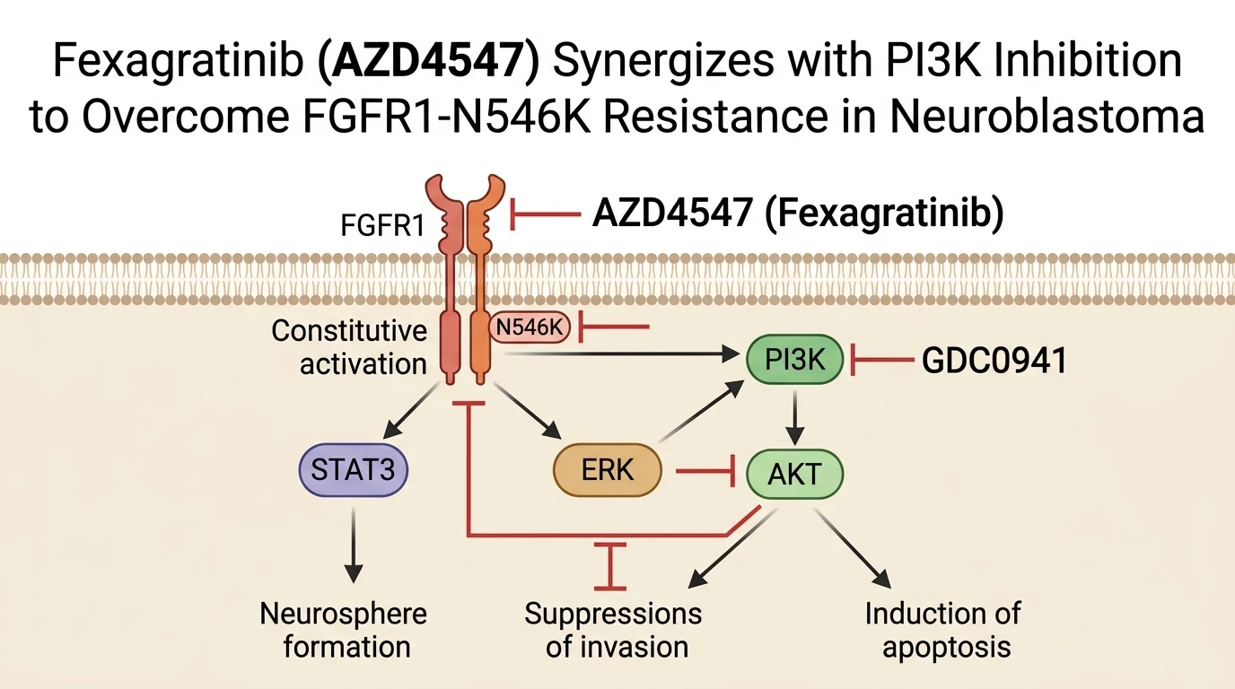 Schematic diagram of FGFR PI3K AKT ERK signaling pathway in neuroblastoma cells showing resistance bypass