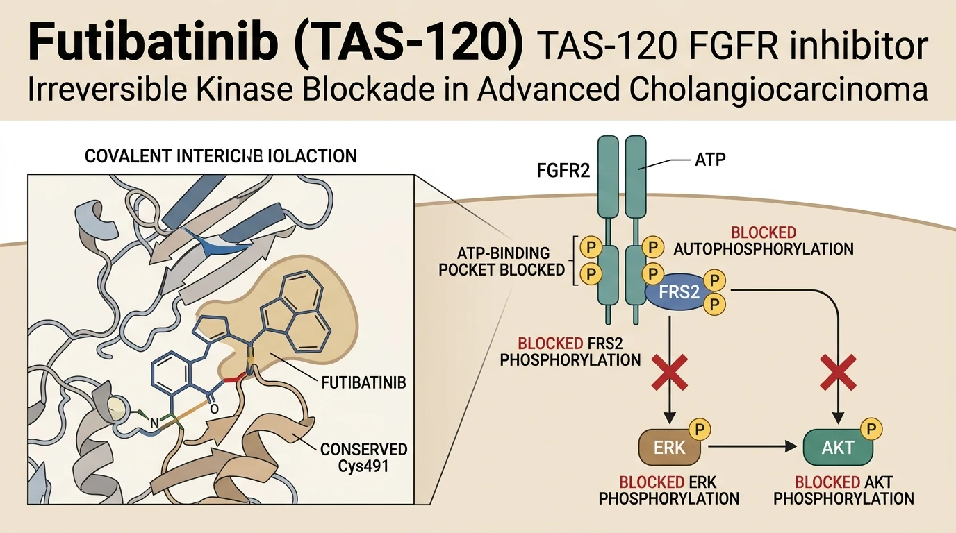 Schematic diagram of FGFR RAS MAPK PI3K AKT pathway inhibition by futibatinib in cholangiocarcinoma cells