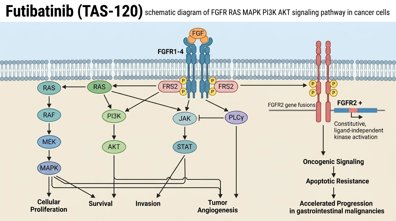 Futibatinib TAS-120 schematic diagram of FGFR RAS MAPK PI3K AKT signaling pathway in cancer cells