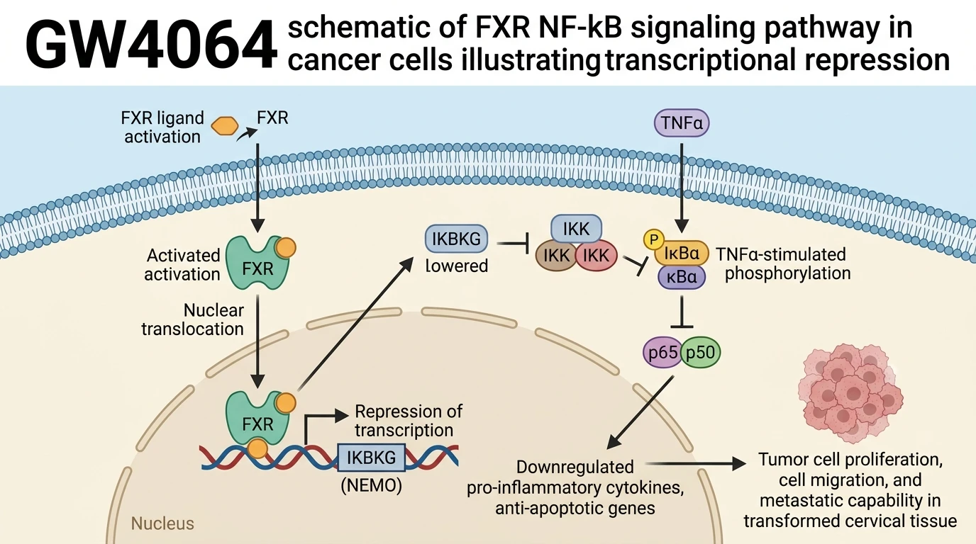 GW4064 schematic of FXR NF-kB signaling pathway in cancer cells illustrating transcriptional repression