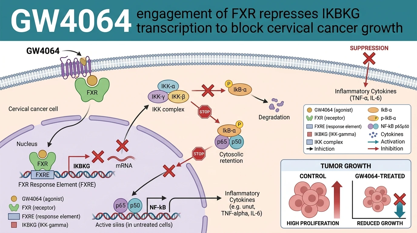 Schematic diagram of FXR NF-kB signaling pathway in cancer cells showing transcriptional repression and tumor suppression