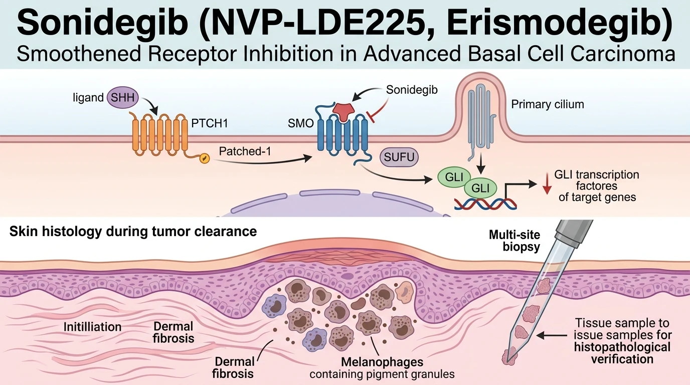 Schematic diagram of Hedgehog signaling pathway showing Smoothened receptor inhibition by sonidegib in skin carcinoma