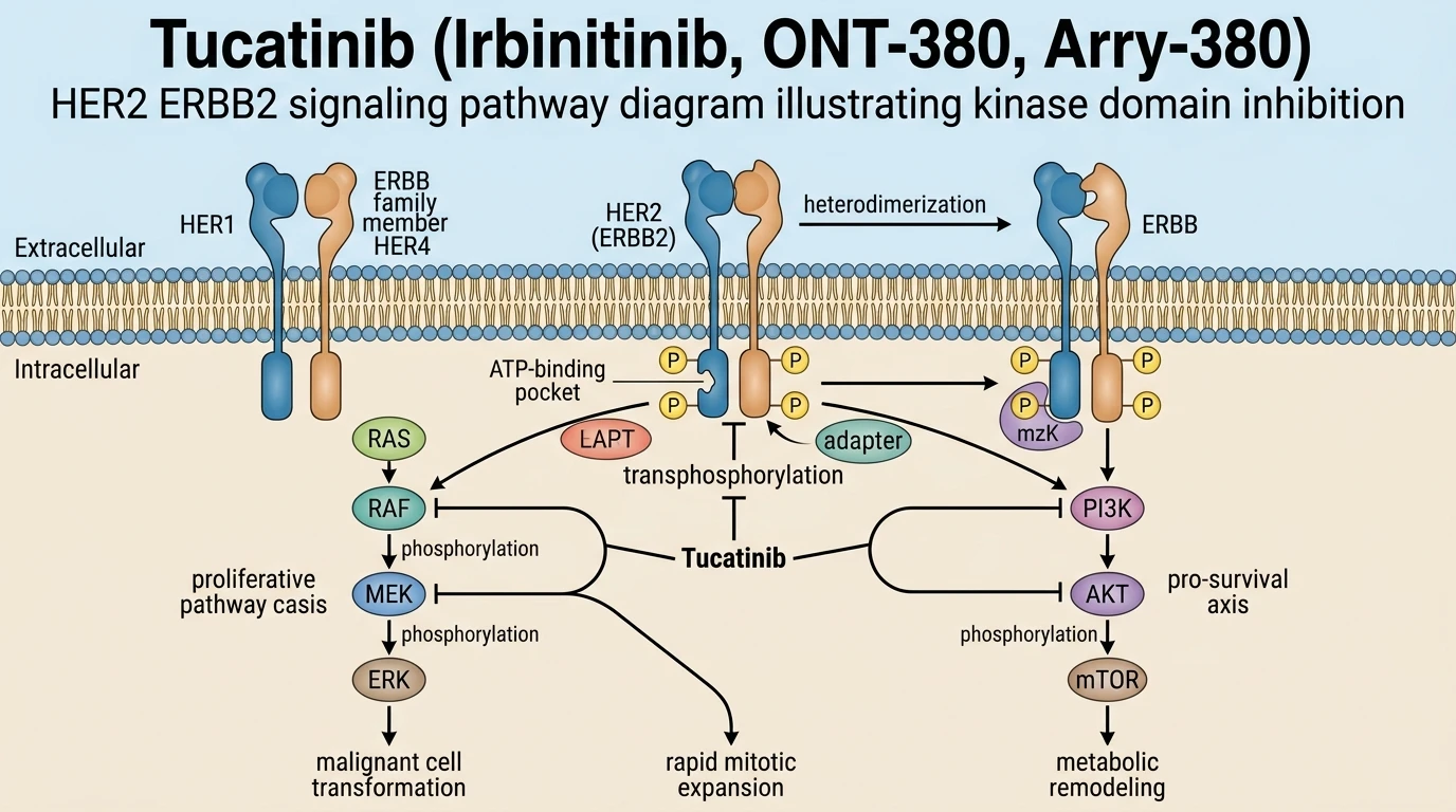 Tucatinib Irbinitinib, ONT-380, Arry-380 HER2 ERBB2 signaling pathway diagram illustrating kinase domain inhibition