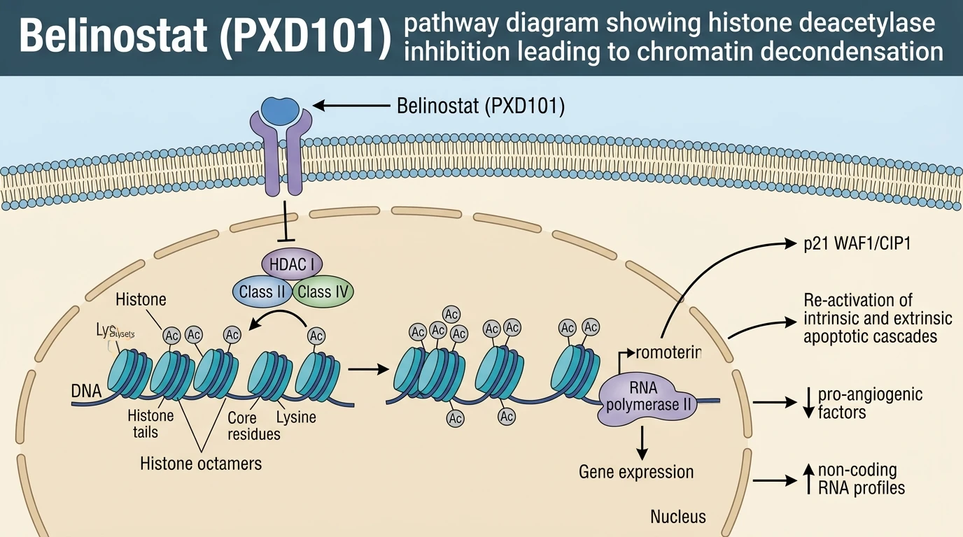 Belinostat PXD101 pathway diagram showing histone deacetylase inhibition leading to chromatin decondensation
