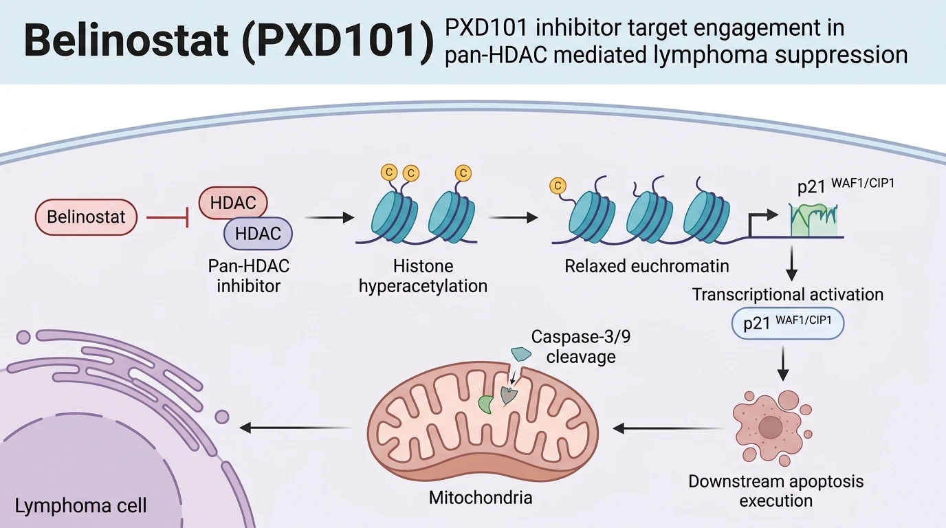 Schematic illustration of histone deacetylase chromatin remodeling pathway in lymphoma cells showing apoptotic cascade activation